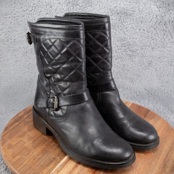 $500 AQUATALIA MADE ITALY 8.5 SOFT BLACK LEATHER Boots QUILTED BUCKLE BIKER - Picture 1 of 8